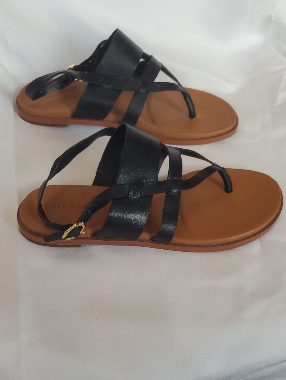 Cole Haan Black Leather Strappy T‑Bar Sandals Flat Shoes Women's 7 - Picture 8 of 8